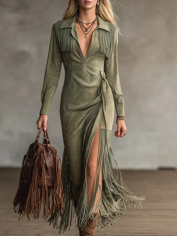 Retro-elegant Western Olive Green Faux Suede Tassel Maxi Dress sold by Oyrosy