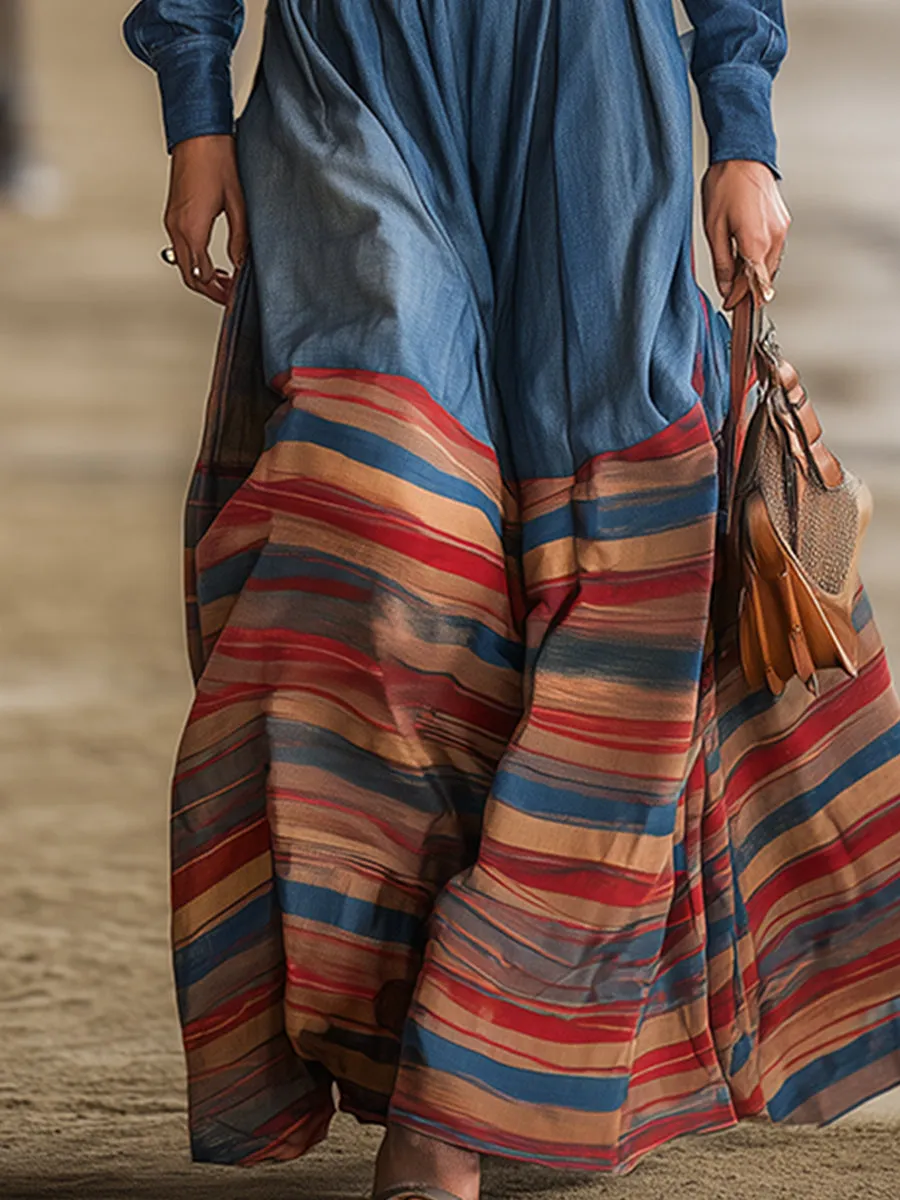 Trendy Retro-style Blue Denim Patchwork Striped Hem Maxi Dress sold by Oyrosy product image thumbnail 4