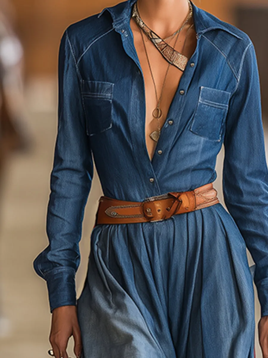 Trendy Retro-style Blue Denim Patchwork Striped Hem Maxi Dress sold by Oyrosy product image thumbnail 3