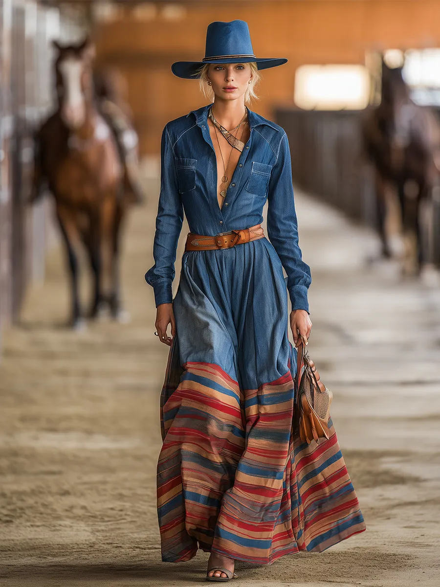 Trendy Retro-style Blue Denim Patchwork Striped Hem Maxi Dress sold by Oyrosy product image thumbnail 2