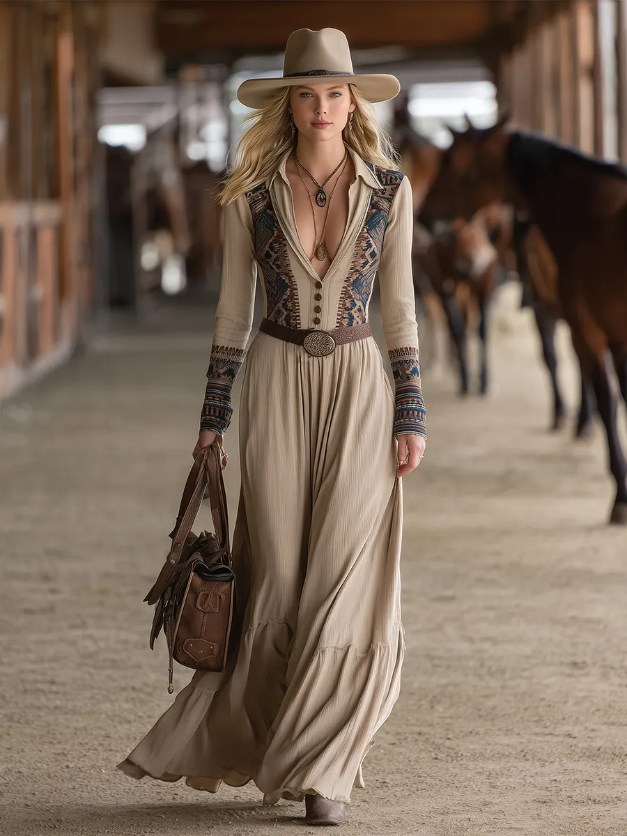 Retro Bohemian Print Apricot Belt Maxi Dress sold by Oyrosy product image thumbnail 2