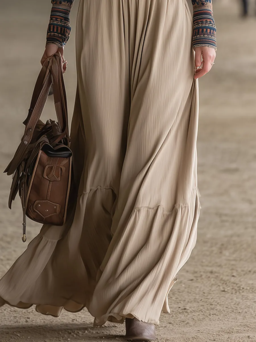 Retro Bohemian Print Apricot Belt Maxi Dress sold by Oyrosy product image thumbnail 3