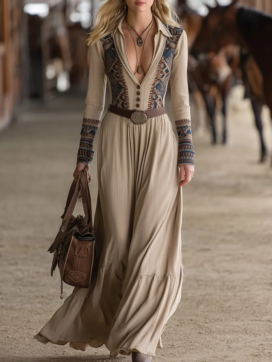 Retro Bohemian Print Apricot Belt Maxi Dress sold by Oyrosy