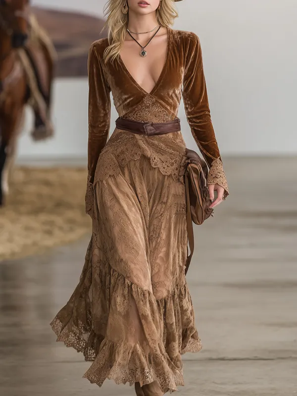 Exquisite Vintage Brown Velvet Patchwork Lace V-neck Maxi Dress sold by Oyrosy
