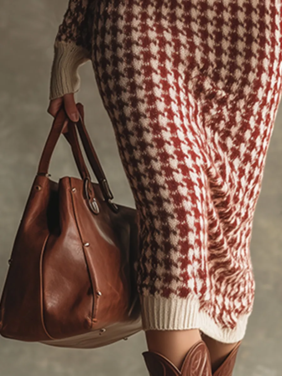 Elegant And Stylish Red Houndstooth V-neck Knit Midi Dress sold by Oyrosy product image thumbnail 4