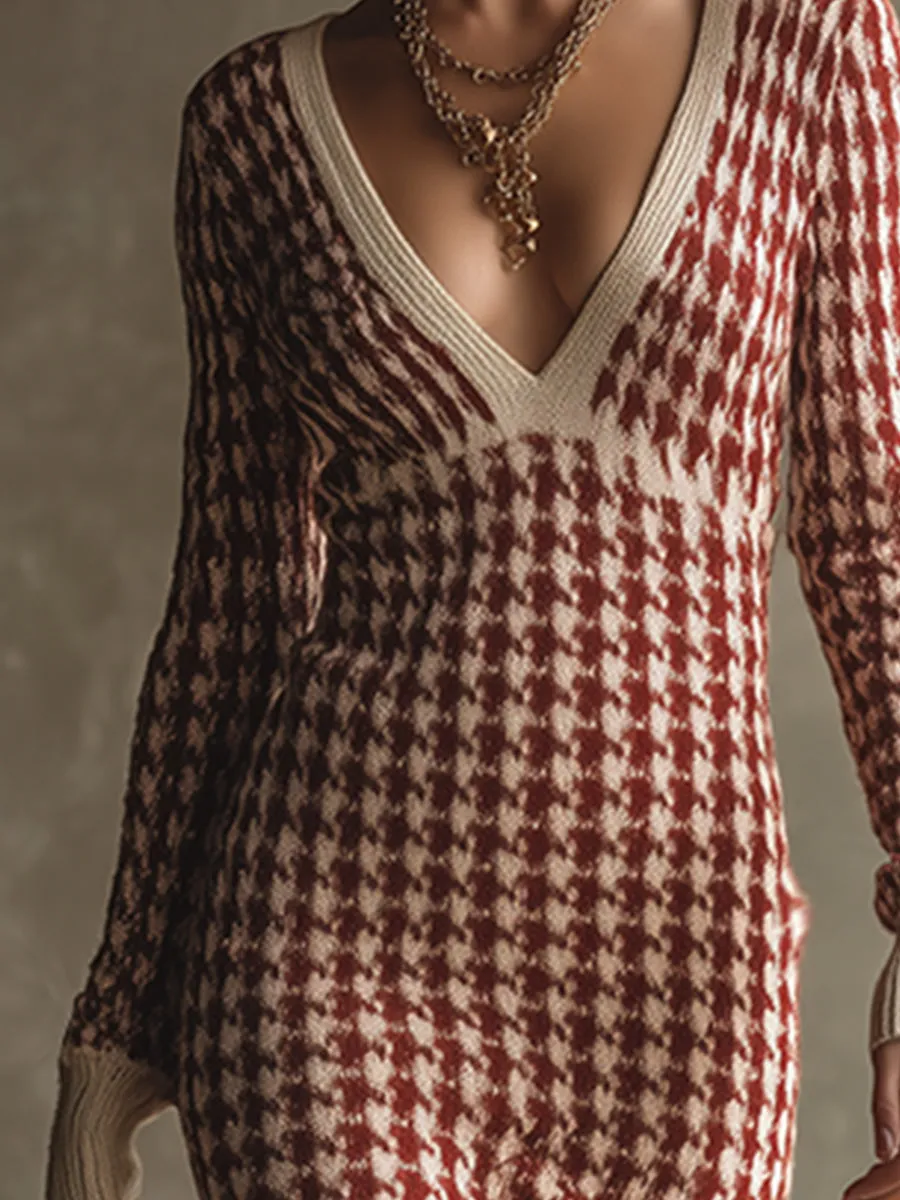 Elegant And Stylish Red Houndstooth V-neck Knit Midi Dress sold by Oyrosy product image thumbnail 3