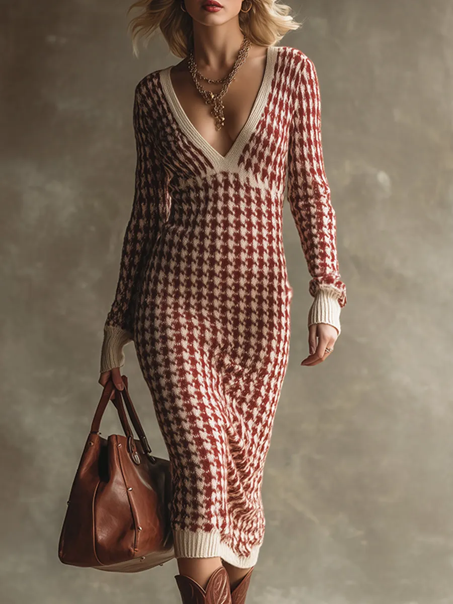 Elegant And Stylish Red Houndstooth V-neck Knit Midi Dress sold by Oyrosy