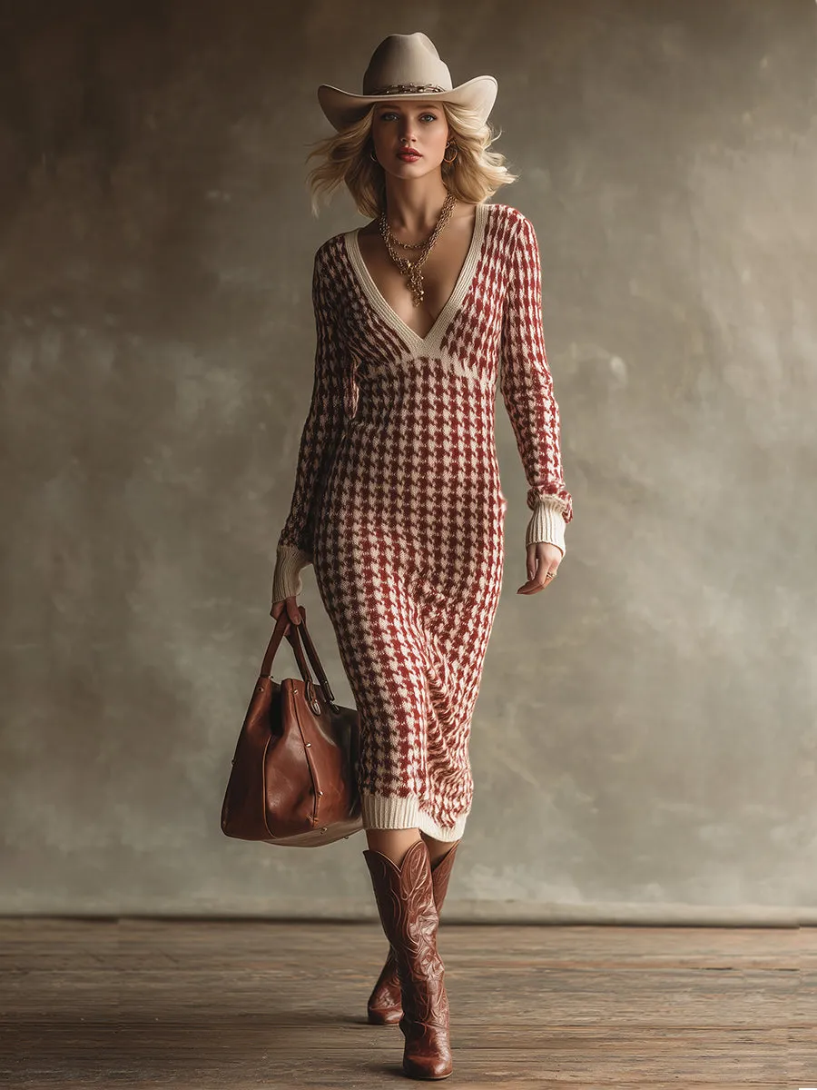 Elegant And Stylish Red Houndstooth V-neck Knit Midi Dress sold by Oyrosy product image thumbnail 2