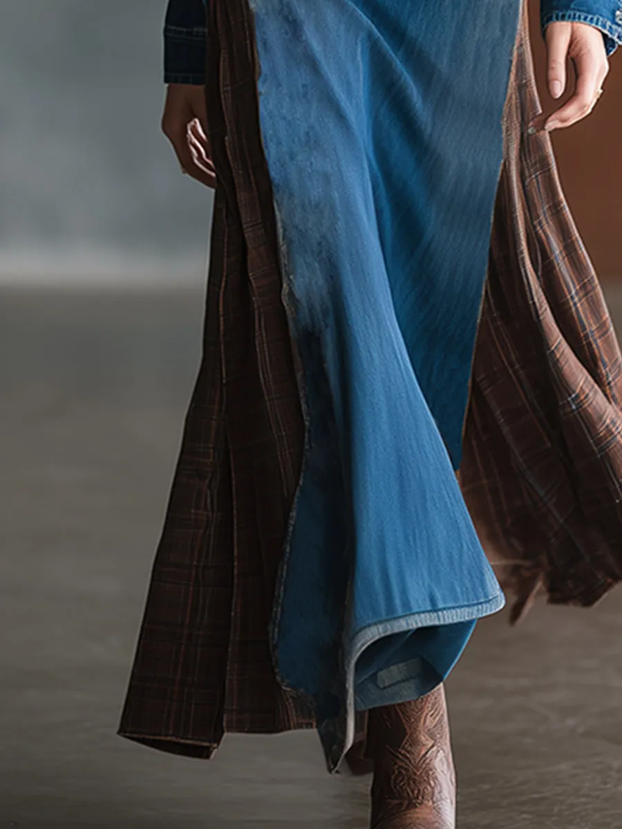 Retro Ethnic Style Blue Denim Patchwork Plaid Maxi Dress sold by Oyrosy product image thumbnail 4