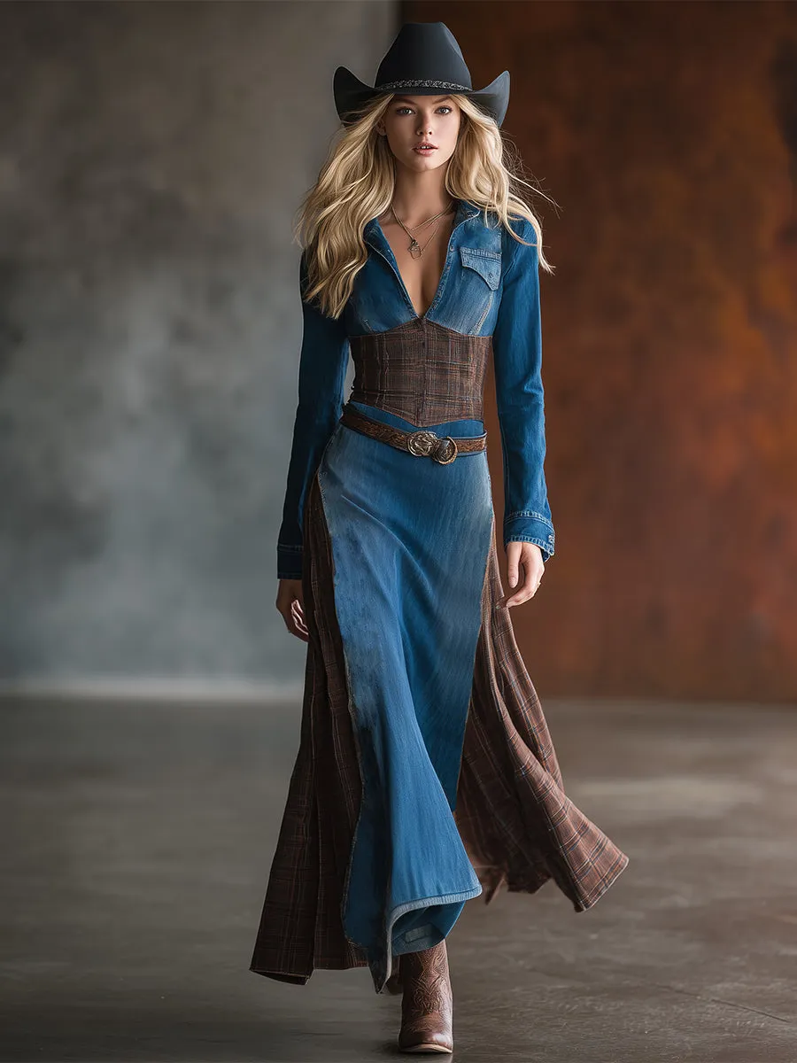 Retro Ethnic Style Blue Denim Patchwork Plaid Maxi Dress sold by Oyrosy product image thumbnail 2