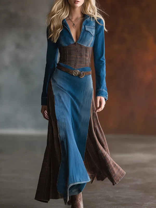 Retro Ethnic Style Blue Denim Patchwork Plaid Maxi Dress sold by Oyrosy