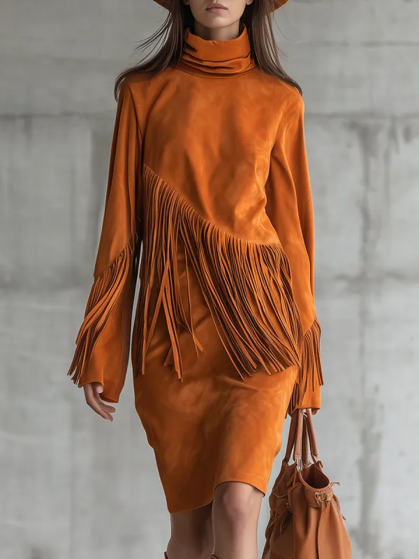 Retro Stand-up Collar Long-sleeved Tassel Midi Dress sold by Oyrosy