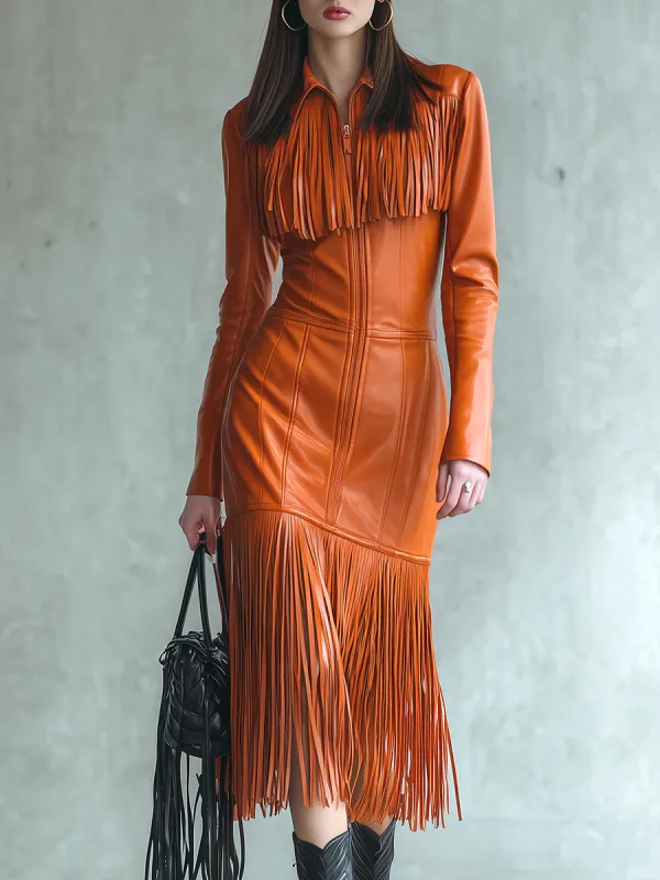 Retro Zip-up Lapel Fringed Faux Leather Dress sold by Oyrosy