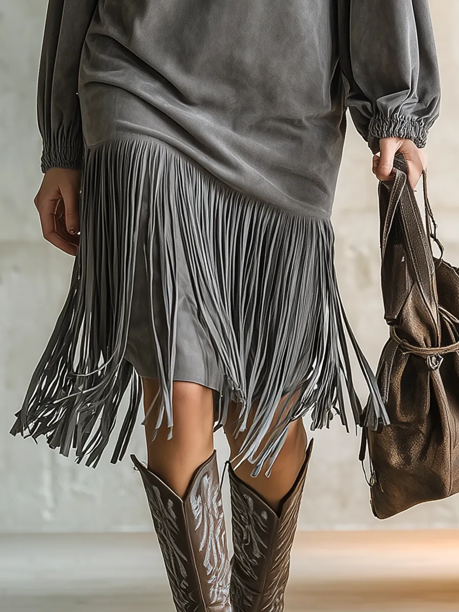 Retro Stand-up Collar Long-sleeved Tassel Midi Dress sold by Oyrosy product image thumbnail 4