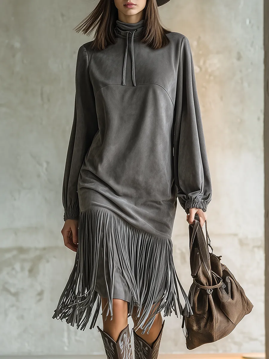 Retro Stand-up Collar Long-sleeved Tassel Midi Dress sold by Oyrosy