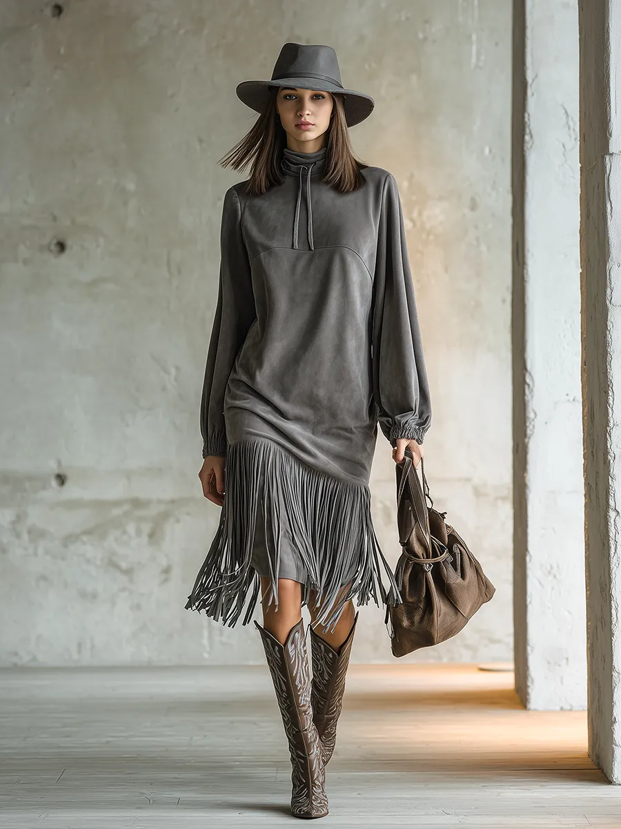 Retro Stand-up Collar Long-sleeved Tassel Midi Dress sold by Oyrosy product image thumbnail 2