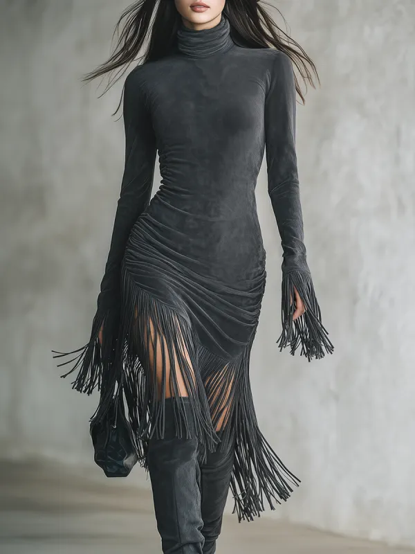 Elegant Retro Stand-up Collar Tassel Midi Dress sold by Oyrosy