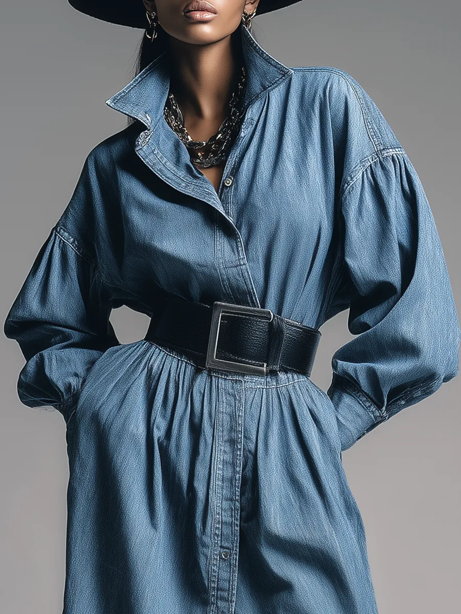 Retro-chic Collared Long-sleeved Denim Dress sold by Oyrosy product image thumbnail 3