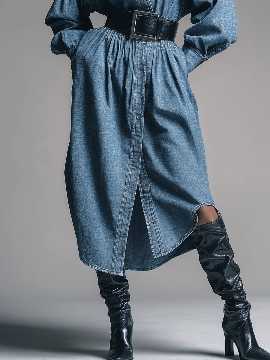 Retro-chic Collared Long-sleeved Denim Dress sold by Oyrosy product image thumbnail 4