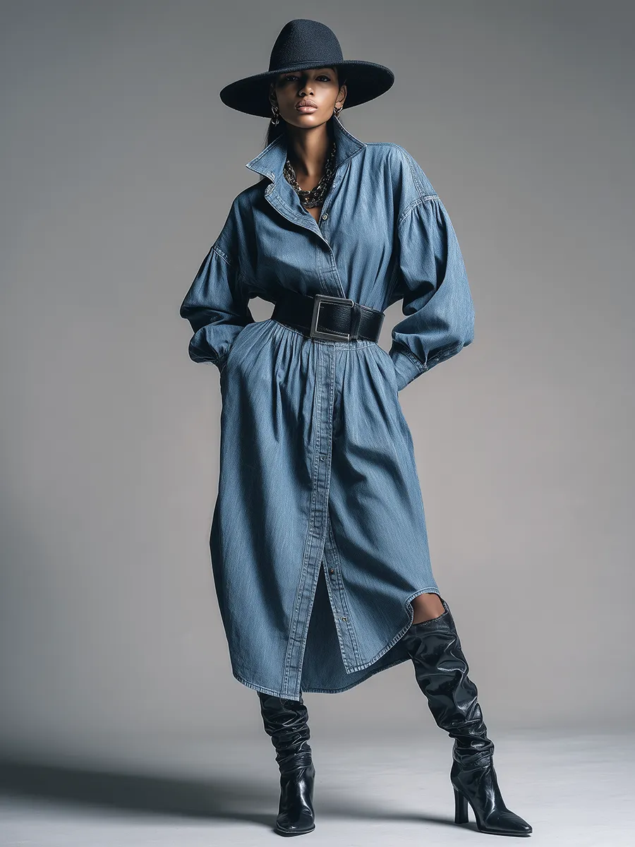 Retro-chic Collared Long-sleeved Denim Dress sold by Oyrosy product image thumbnail 2