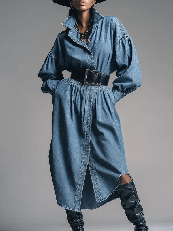 Retro-chic Collared Long-sleeved Denim Dress sold by Oyrosy
