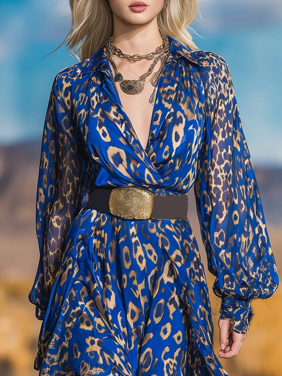 Retro-chic Leopard Print Royal Blue Chiffon Maxi Dress sold by Oyrosy product image thumbnail 3