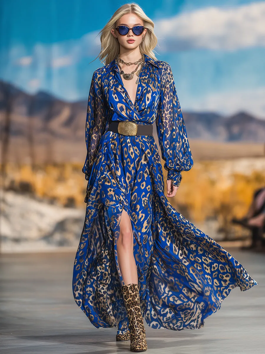 Retro-chic Leopard Print Royal Blue Chiffon Maxi Dress sold by Oyrosy product image thumbnail 2