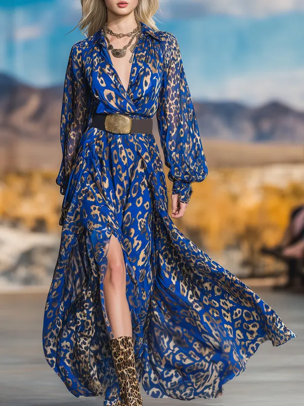 Retro-chic Leopard Print Royal Blue Chiffon Maxi Dress sold by Oyrosy