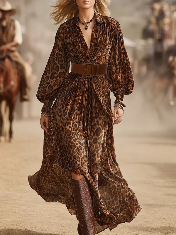 Western Retro Leopard Print Brown Velvet Maxi Dress sold by Oyrosy