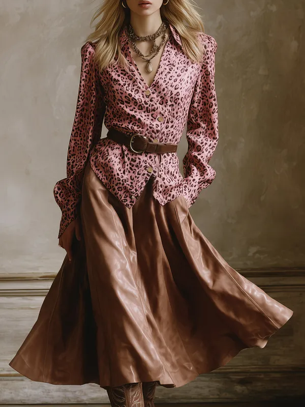 Retro Leopard Print Pink Shirt And Brown PU Skirt Set sold by Oyrosy