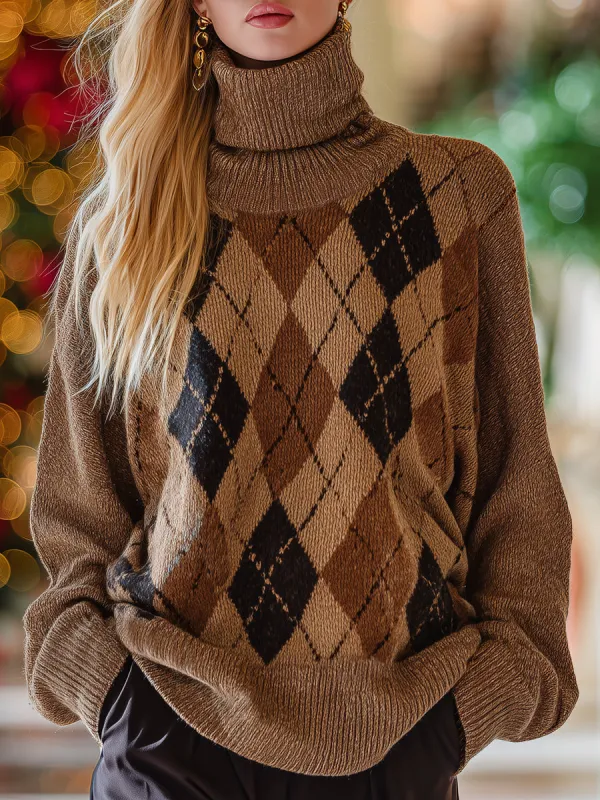 Retro Casual Brown Diamond Pattern Turtleneck Knit Sweater sold by Oyrosy