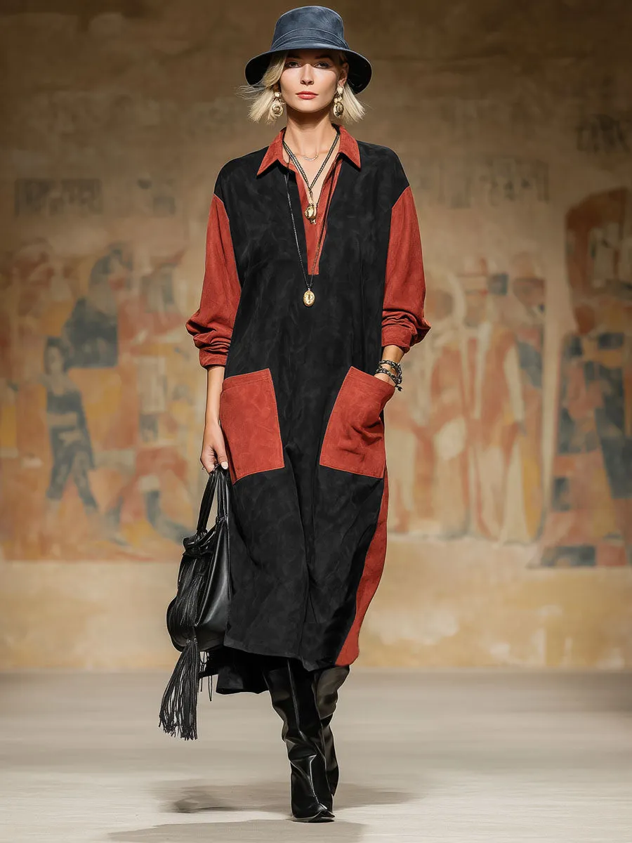 Western-style Color-blocked Faux Suede Patchwork Double-pocket Midi Dress sold by Oyrosy product image thumbnail 4