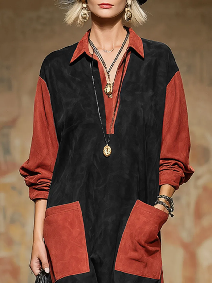 Western-style Color-blocked Faux Suede Patchwork Double-pocket Midi Dress sold by Oyrosy product image thumbnail 2