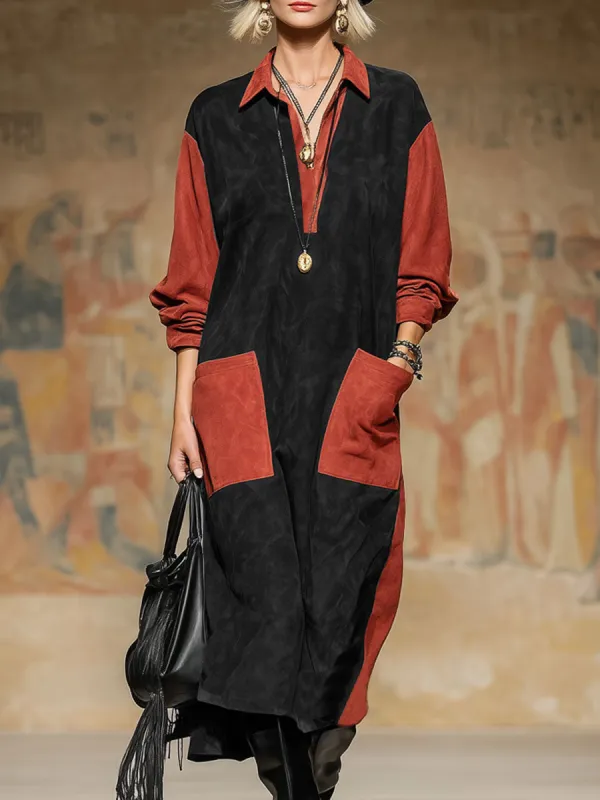 Western-style Color-blocked Faux Suede Patchwork Double-pocket Midi Dress sold by Oyrosy
