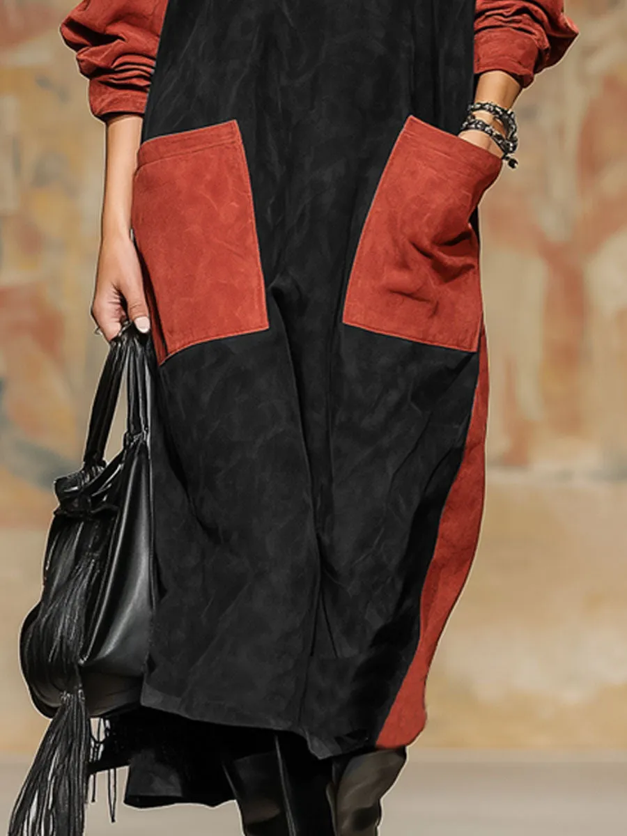 Western-style Color-blocked Faux Suede Patchwork Double-pocket Midi Dress sold by Oyrosy product image thumbnail 3