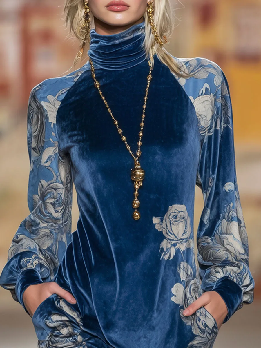 High-neck Rose Print Velvet Long-sleeved Mini Dress sold by Oyrosy product image thumbnail 2