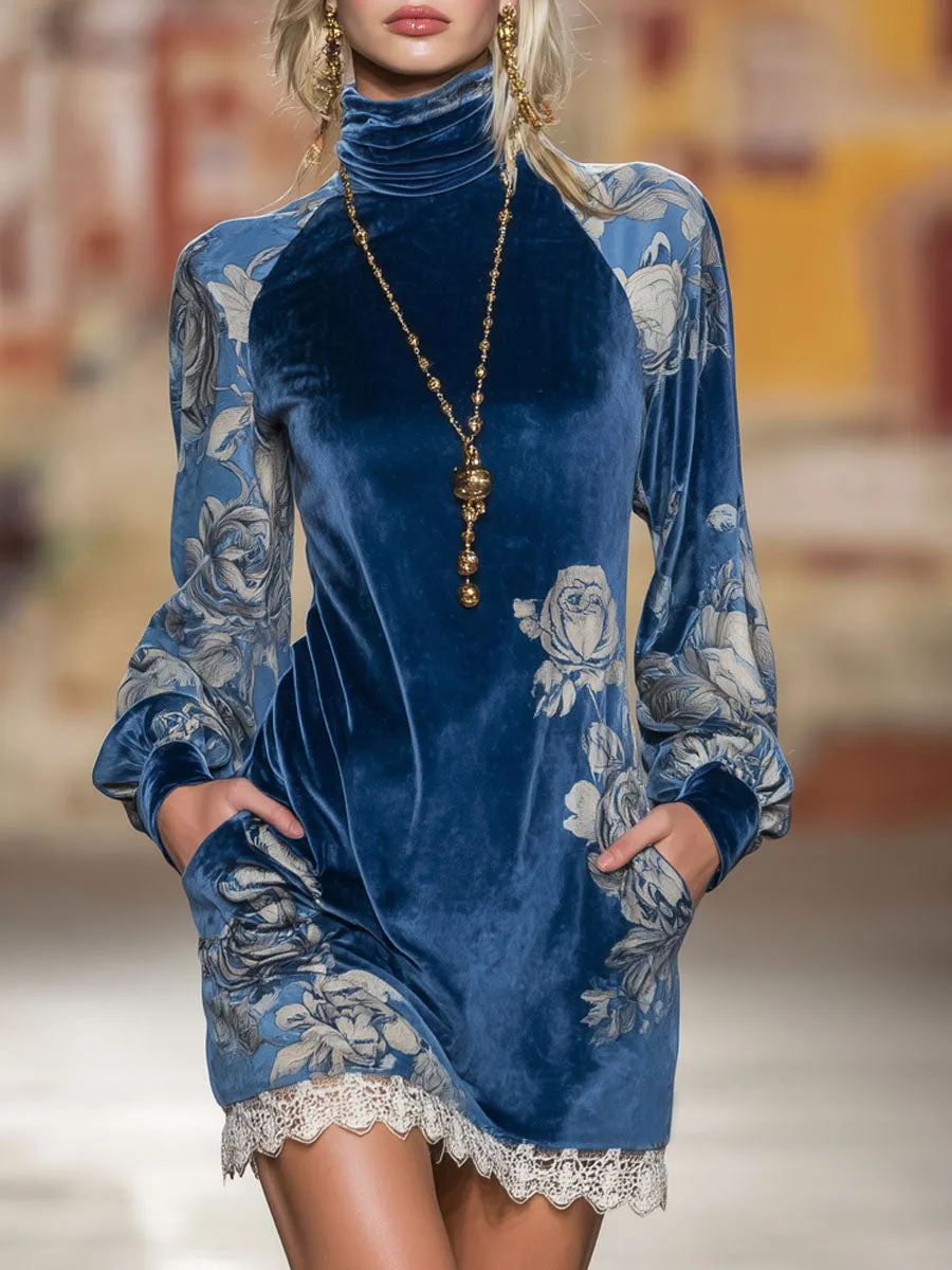 High-neck Rose Print Velvet Long-sleeved Mini Dress sold by Oyrosy