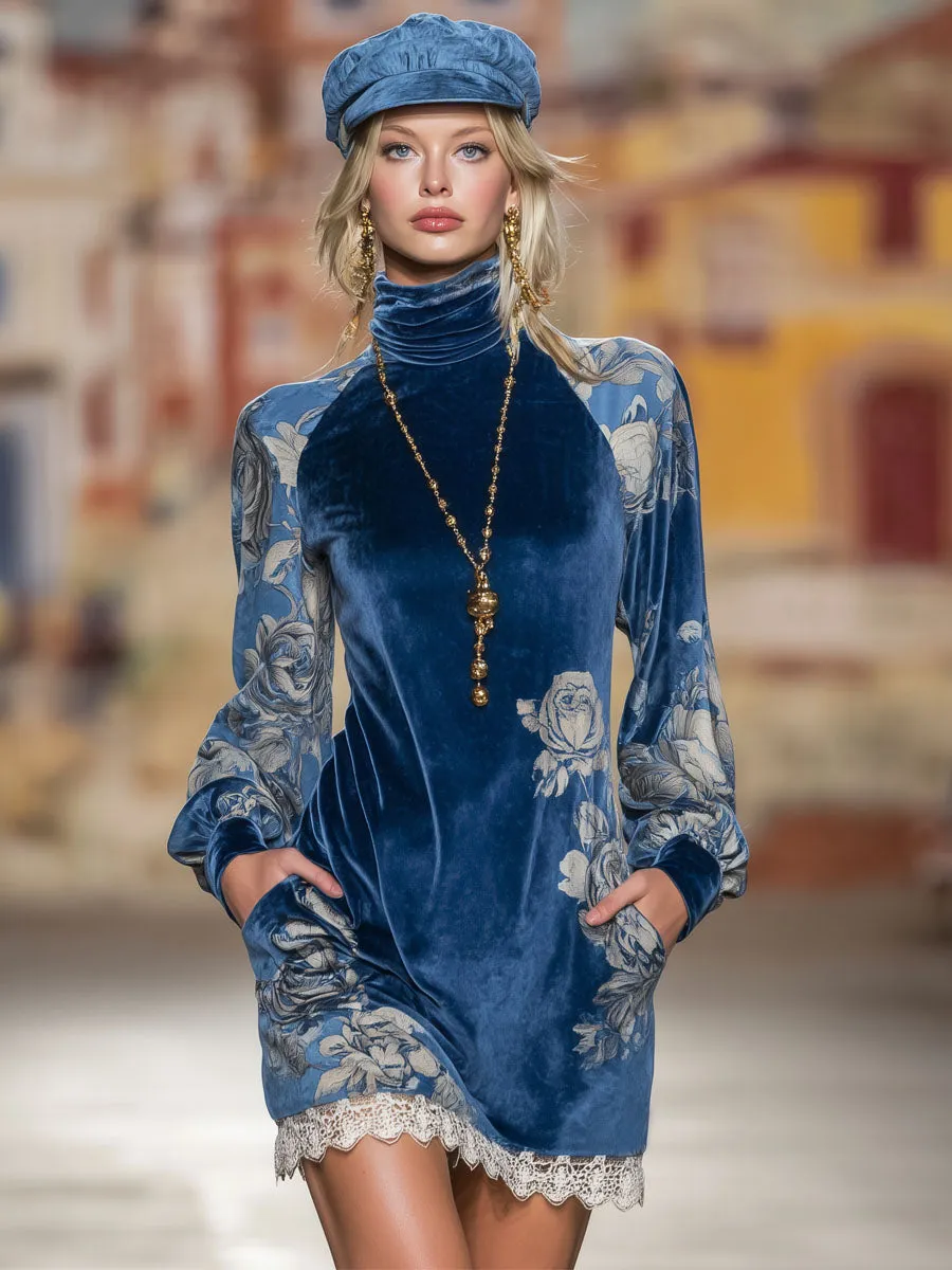 High-neck Rose Print Velvet Long-sleeved Mini Dress sold by Oyrosy product image thumbnail 4