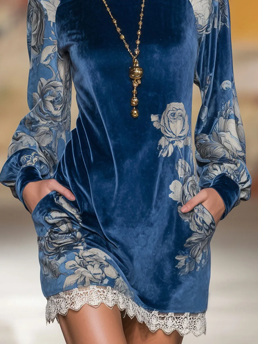 High-neck Rose Print Velvet Long-sleeved Mini Dress sold by Oyrosy product image thumbnail 3