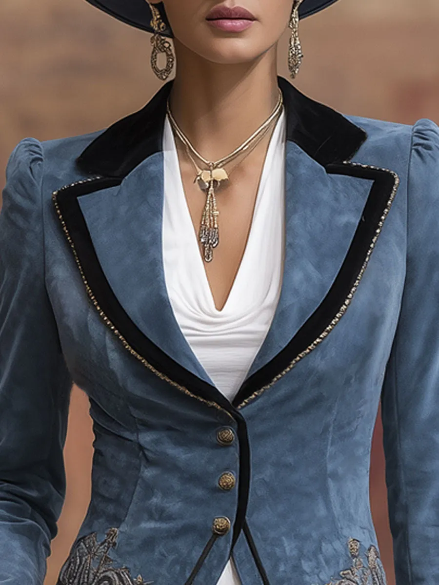 Vintage Floral Embroidery Collared Faux Suede Single-breasted Jacket sold by Oyrosy product image thumbnail 3