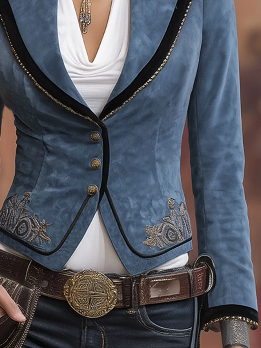 Vintage Floral Embroidery Collared Faux Suede Single-breasted Jacket sold by Oyrosy product image thumbnail 2