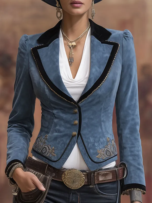 Vintage Floral Embroidery Collared Faux Suede Single-breasted Jacket sold by Oyrosy