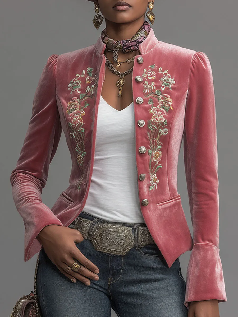 Western-style Stand-up Collar Single-breasted Floral Embroidered Velvet Jacket sold by Oyrosy