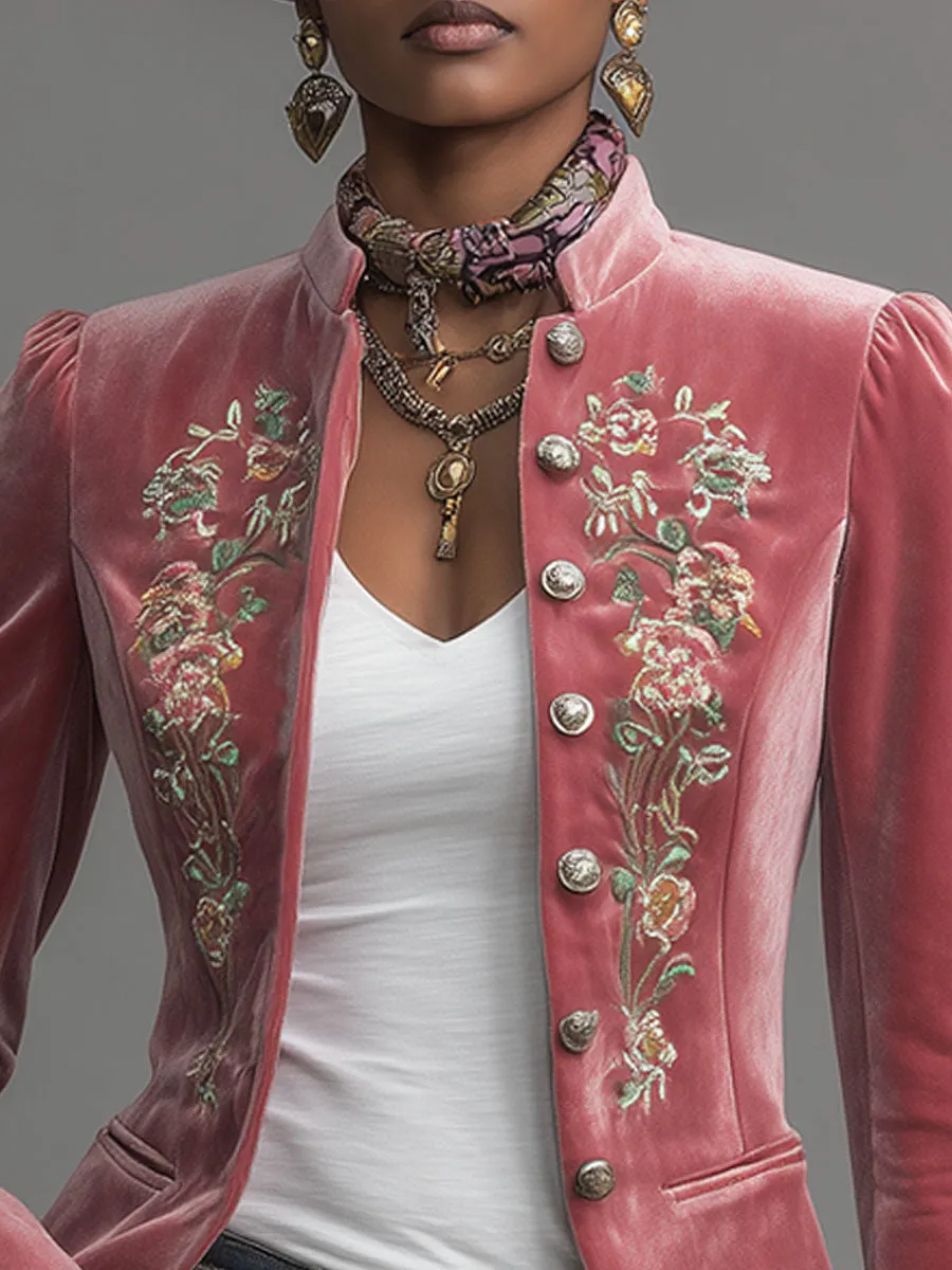 Western-style Stand-up Collar Single-breasted Floral Embroidered Velvet Jacket sold by Oyrosy product image thumbnail 2