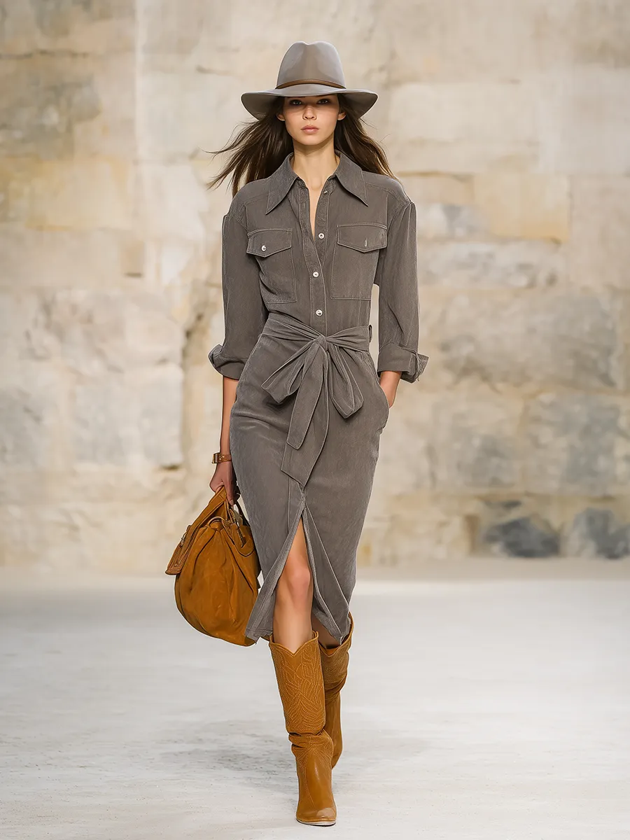 Retro-style Lapel Washed Long-sleeved Belted Midi Dress sold by Oyrosy product image thumbnail 2