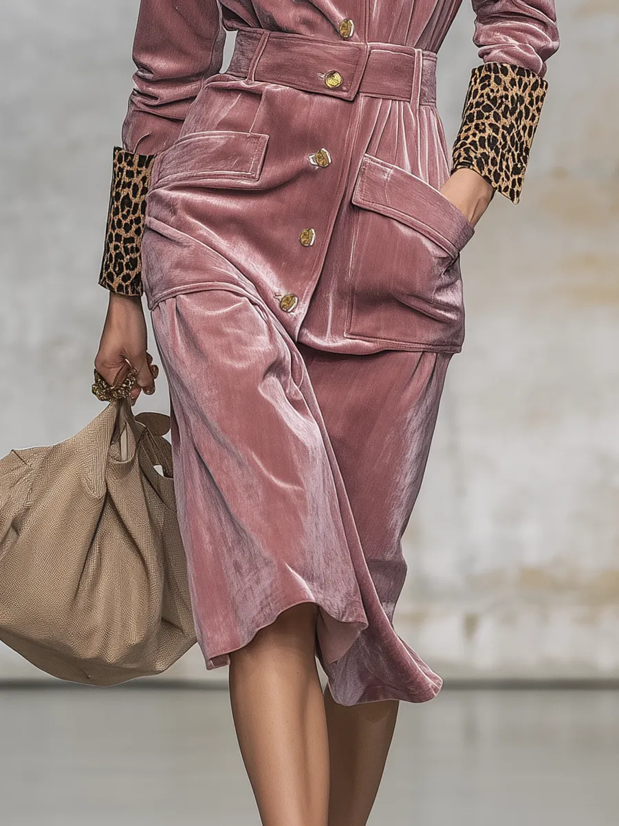 Retro Leopard Print Lapel Velvet Midi Dress sold by Oyrosy product image thumbnail 4