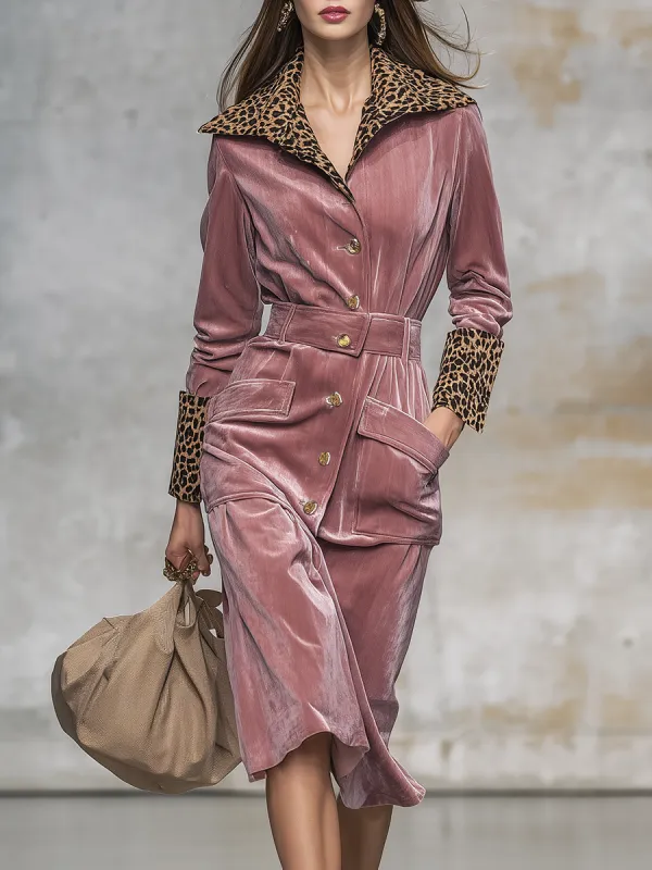 Retro Leopard Print Lapel Velvet Midi Dress sold by Oyrosy