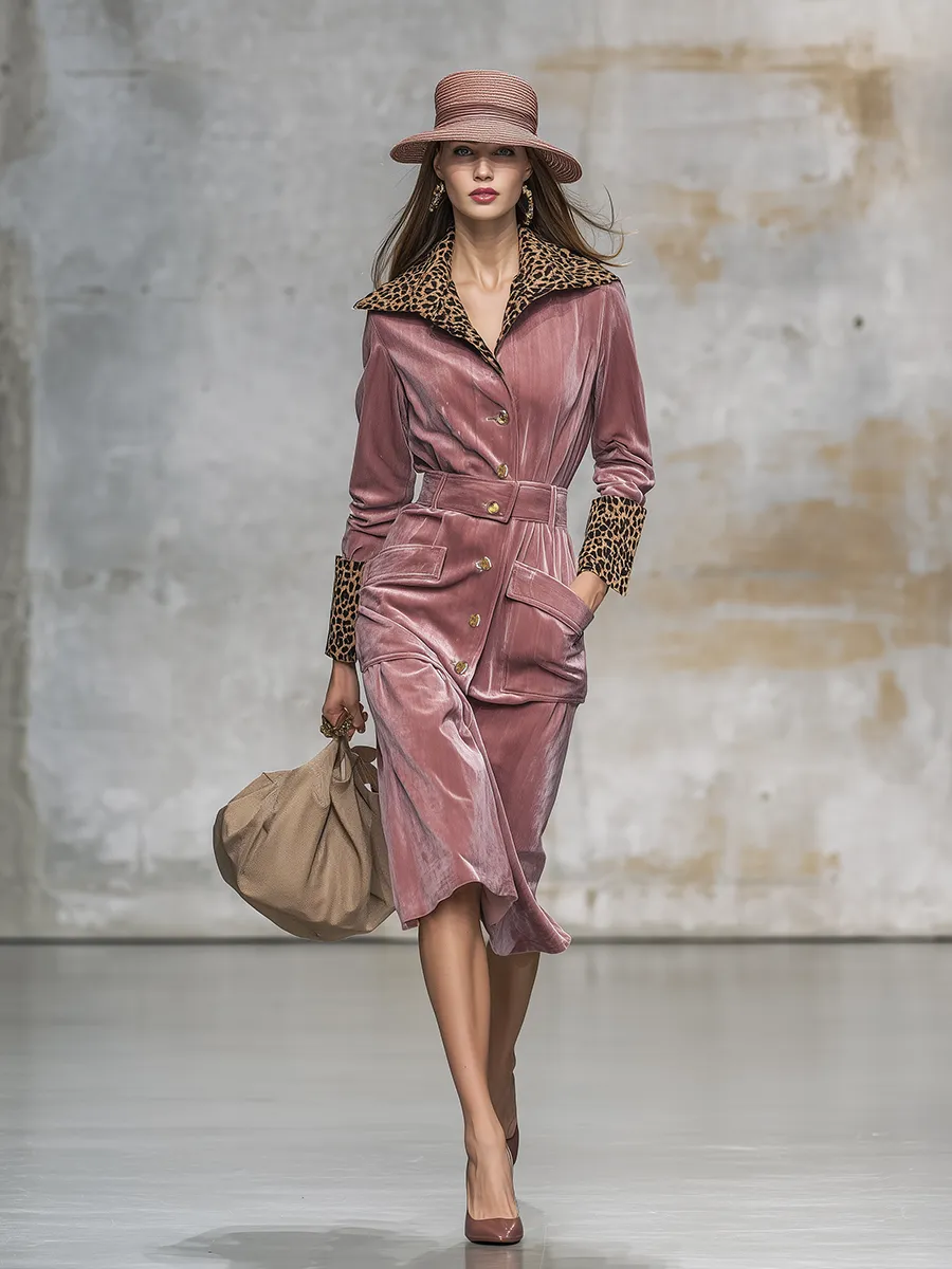 Retro Leopard Print Lapel Velvet Midi Dress sold by Oyrosy product image thumbnail 2