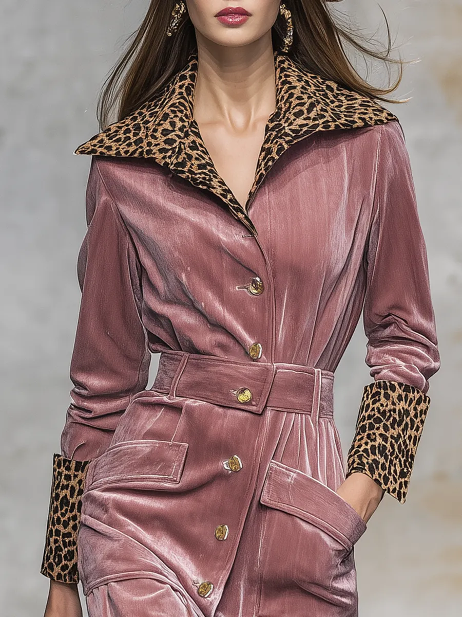 Retro Leopard Print Lapel Velvet Midi Dress sold by Oyrosy product image thumbnail 3