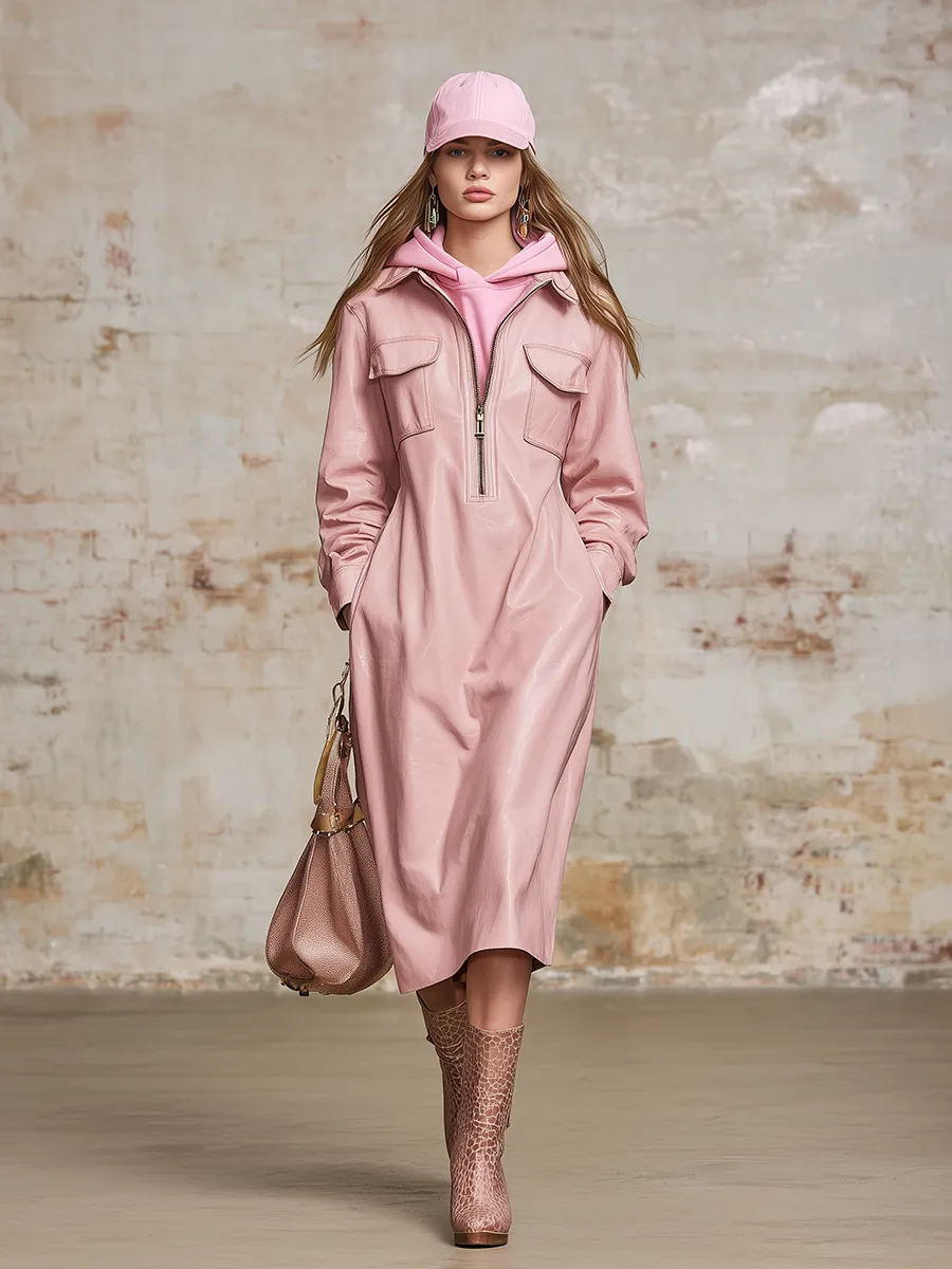 Urban Chic Retro Zip-up Collar Faux Leather Midi Dress sold by Oyrosy product image thumbnail 2